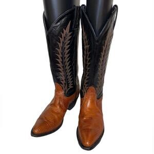 Tony Lama Vintage Teju Lizard Western Boots Black/Peanut Butter Brittle Size 5